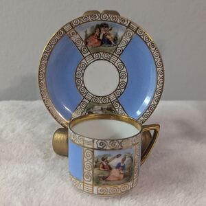 Vintage Czechoslovakian Porcelain Demitasse Blue Gold Gilt Tea Cup and Saucer